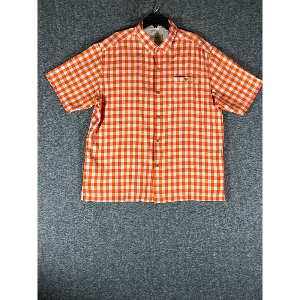 Tommy Bahama Mens XL Orange Gingham 100% Silk Short Sleeve Button Down Shirt
